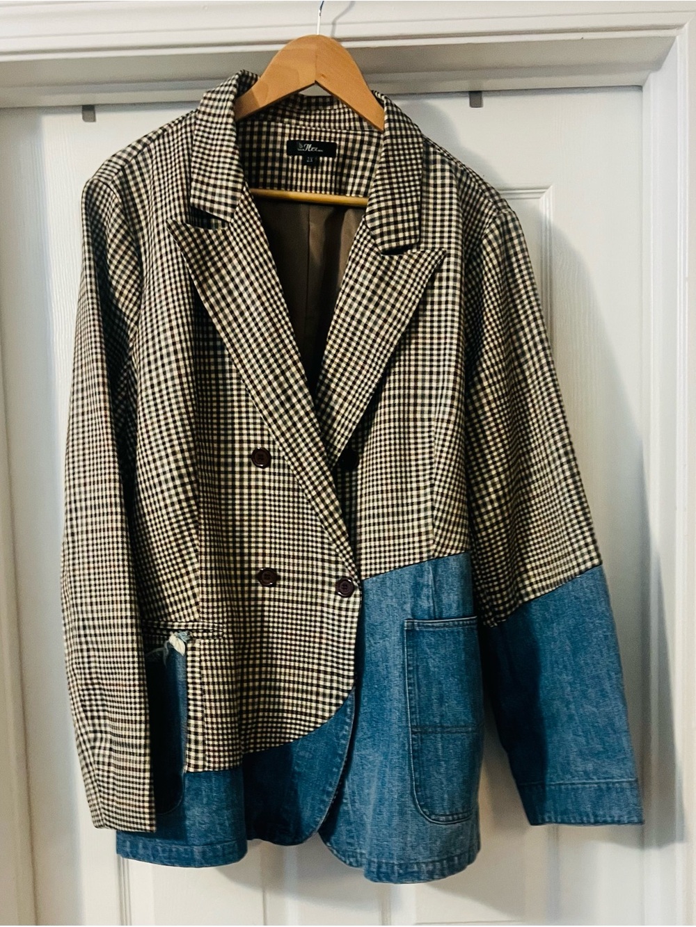 Mixed Plaid and Denim Patchwork Blazer